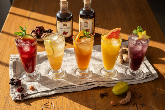 Cinq mocktails sans alcool préparés avec les sirops YAR Saveurs : bissap, gingembre, tamarin, mangue et maad